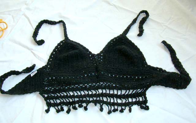 Lingerie women's crochet top apparel wholesale supplier distribute black sequin crochet top with dangle design 
