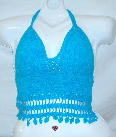 Seasonal clothing and accessory supplier distribute blue crochet top with dangle and top ties at neck and back design 