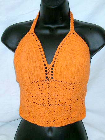 Importer summer beach wear cotton clothing top wear supply orange crochet shell cup top motif 8 filigree flower decor design 
