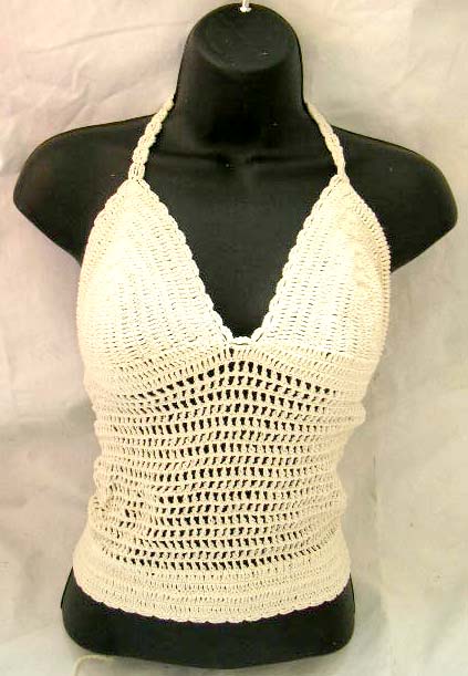 Fabulous women's top shopping online wholesaler supply white V-neck crochet top motif triangle cups and fish-net design 