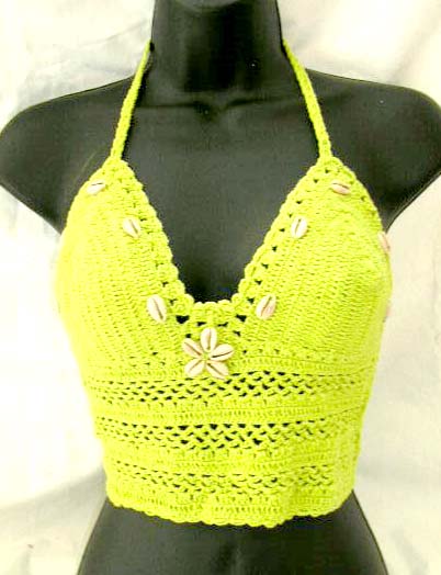 Wholesale lingerie & fashion apparel impoter supply green crochet top with genuine sea shell flower decor design