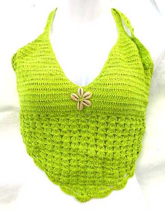 Womans clothing sale store supplies beach wear light green crochet top with genuine sea shell flower