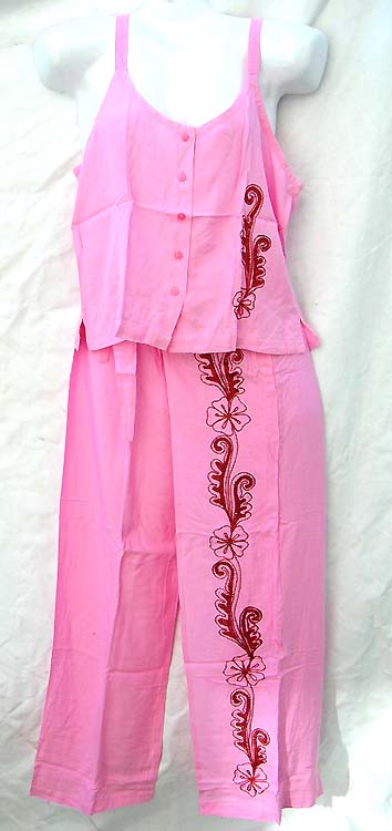 Designer clothing wholesale supplies - Embroidery top and pant set with sleeveless top and elastic waist pant design 