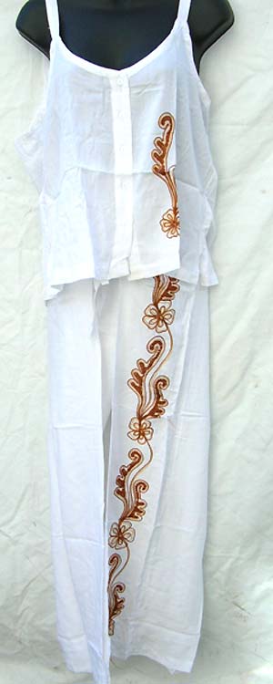 Online manufacturer wholesale supplier supply embroidery top and pant set with sleeveless top and elastic waist pant design 
