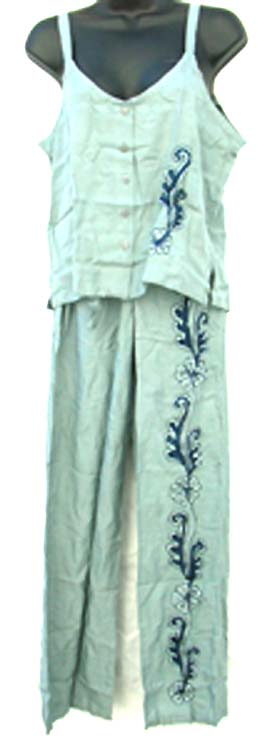 Shopping online fashion clothing wholesale - Embroidery top and pant set with sleeveless top and elastic waist pant design 