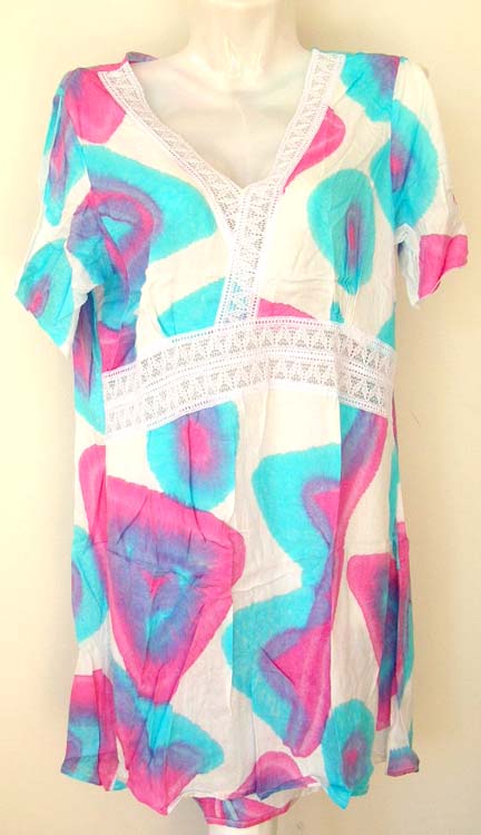 Online personal express lady's accessory wholesale - Light silky rayon short dress with V shape neck and lace design on neck and belly 