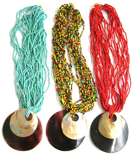 Fashion jewelry designer company supplies assorted multi seed bead necklace with brown and white seashell pendant         