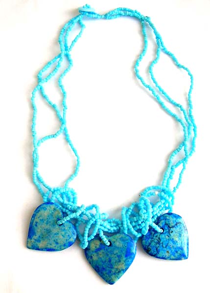 Costume fashion jewelry supplies light blue beaded necklace with triple heart or triple fish genuine hand carved stone pendant