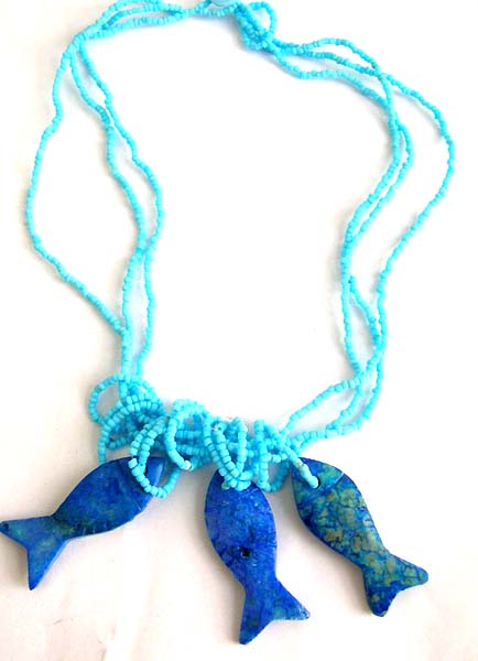 Costume fashion jewelry supplies light blue beaded necklace with triple heart or triple fish genuine hand carved stone pendant