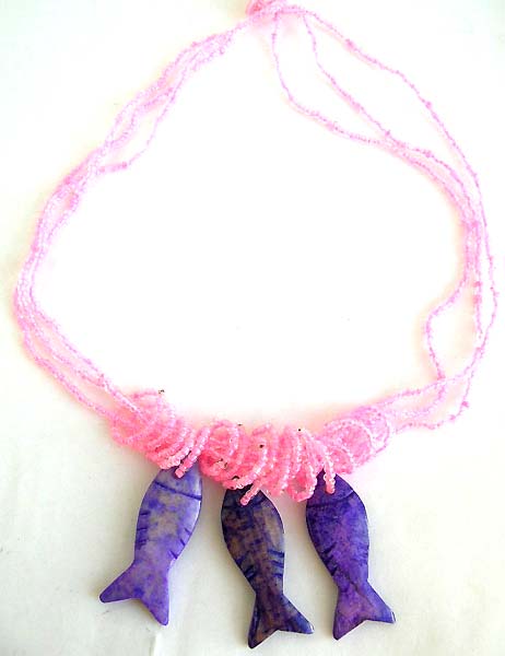 Free body jewelry supplies pinky multi bead necklace with triple purple fish genuine hand carved stone pendant
