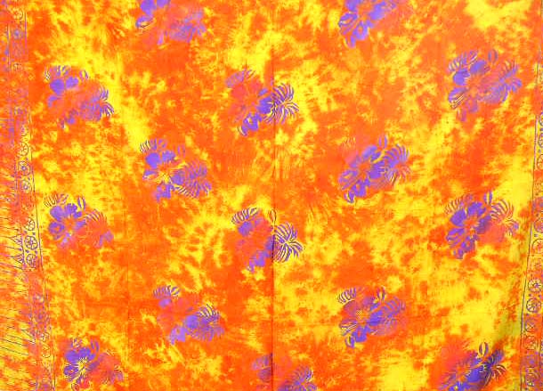 Wholesale beachwear - mono orange batik sarong wrap motif purple hawaiian flower design and line pattern decor on each side