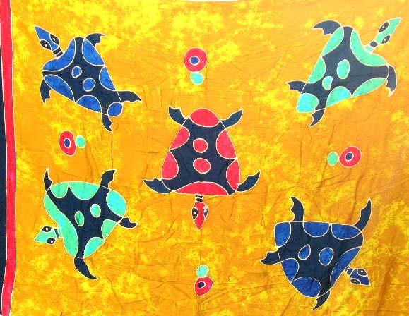 Fashion mono yellow sarong in animal theme supply mono yellow rayon sarong motif five turtles swimming   