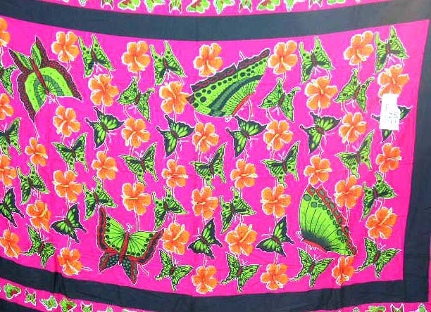 Handpainted Sarong party girl at wholesale price distribute hand painted sarong motif green butterfly flying around orange flowers 