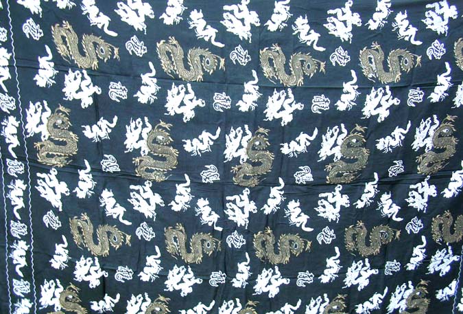 Contemporary wholesale sarong black stamped sarong motif multi bronze dragon and multi mini white dragon pattern  