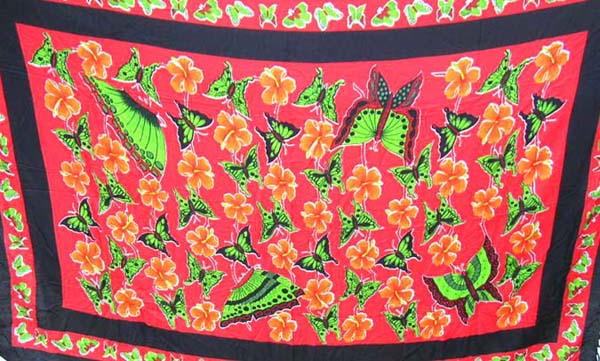 Wholesale sarong making supplier batik screen print sarong wrap motif multi butterfly flying in green floral garden       
