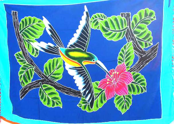 Discount quality thick rayon handmade sarong quality thick rayon nature scene wrapping sarong with bird design in blue, red, yellow and orange color  