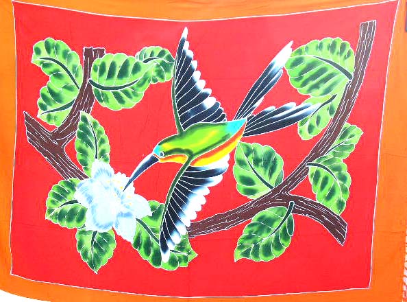 Discount quality thick rayon handmade sarong quality thick rayon nature scene wrapping sarong with bird design in blue, red, yellow and orange color  