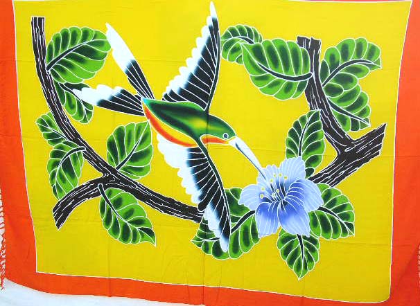 Discount quality thick rayon handmade sarong quality thick rayon nature scene wrapping sarong with bird design in blue, red, yellow and orange color  