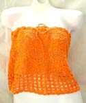Summer beach wear orange crochet top with filigree flower and square pattern design
