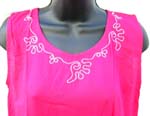 Medium weight rayon pull over lady hawaiian dress with embroidered flower on top and bottom and also below the knee length design