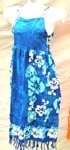 Assorted aquatic life's and hibiscus rayon dress with 3 wooden button on each side and fringe at the bottom