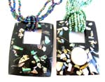 Black beaded seashell chips necklace with a square hole and rectangular shape pendant