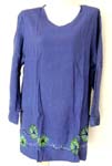 Summer seasons casual women's long sleeves shirt with high round neckline and water painted flower design at the bottom 