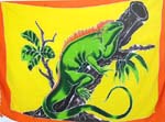 Thick rayon sarong wrap with green gecko climbing on the tree stem design in red, yellow and blue color
