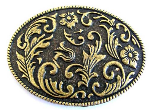 Belt fashion accessory wholesale outsourcing agent supplies Oval shaped belt buckle with floral and vine design in copper color