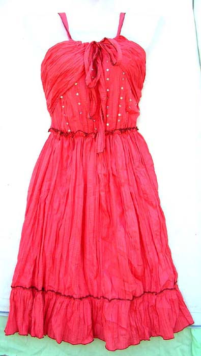 Beach wear distributor wholesales Red summer dress with thin straps and cinched waist. Dress has stretch material in bust area for plus sizes