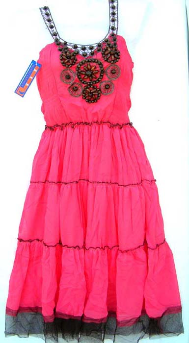 Dress factory wholesaler supplies womens wear to retail stores. Lovely red free flowing dress with black embroidery on top and straps and knee length bottom