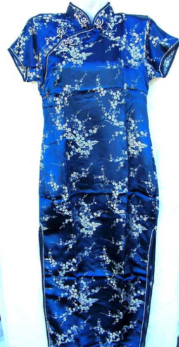Wholesale shopping market supplies womens fashion apparel. Royal blue oriental style evening dress with silver colored, embroidered floral design