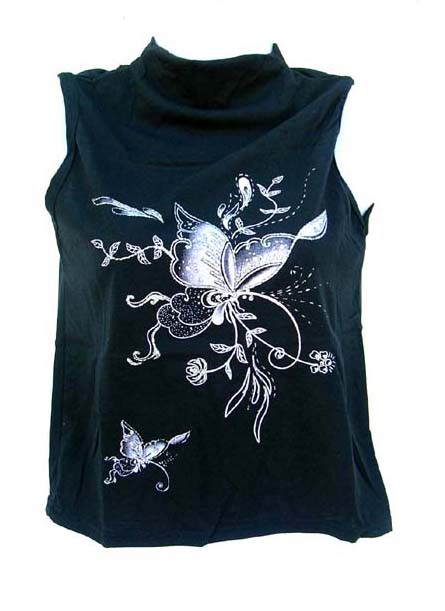 Teen fashion warehouse supplies wholesale apparel to clothing stores. Black sleeveless t-shirt with beautiful floral design      