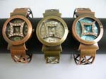 Flip top slider bangle watch with traditional Chinese money pattern and filigree diamond shape on bangle, in assorted color design