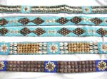 Assorted design blue color seed beads and seashell and coconut wooden button belt with two strings for closure