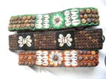 Green, black or red flower shape seashell and coconut wooden button belt with two strings for closure