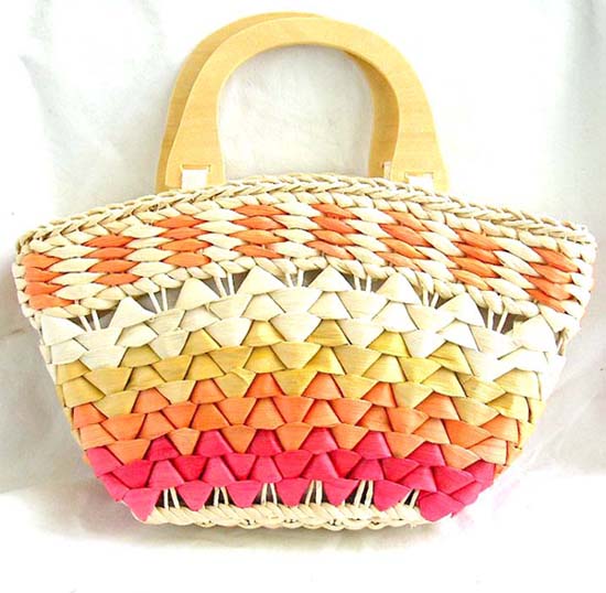 Wholesale designer inspired rattan handbag multi red straw hand bag with double wooden handle