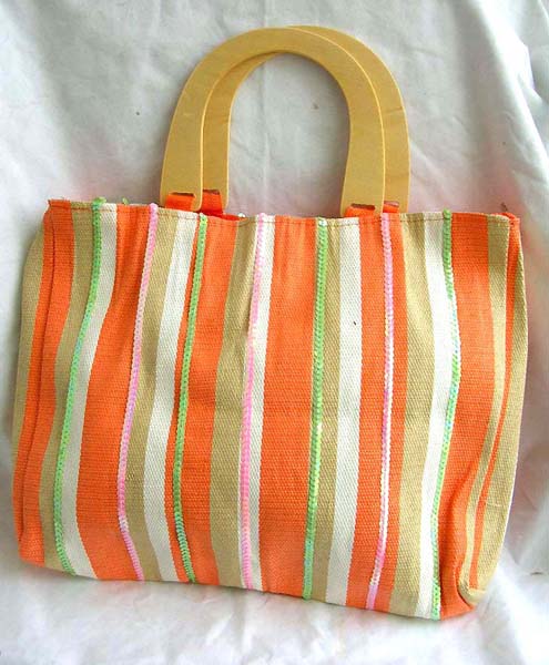 Fashion lady's accessories lady's handbag wholesale fabric orange wooden handle hand bag with orange, white and nature color line section and yellow sparkle chips thread work design 