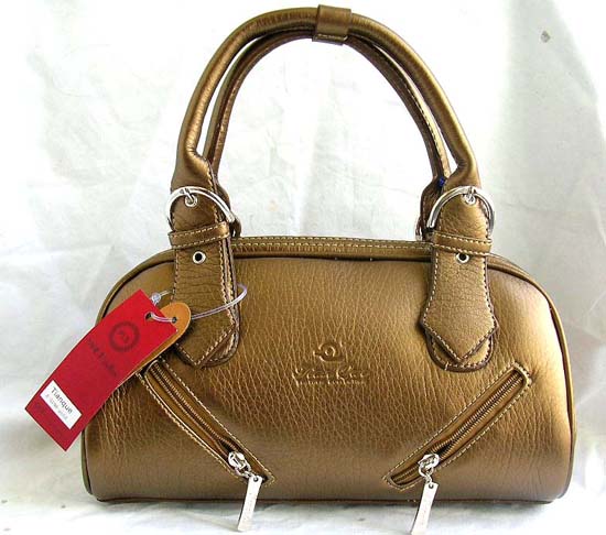 Online warehouse wholesale unique fashion women's handbag imitation leather shiny brown hand bag with double zipper and belt knot-like design on handle 