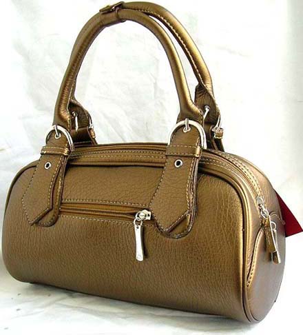 Online warehouse wholesale unique fashion women's handbag imitation leather shiny brown hand bag with double zipper and belt knot-like design on handle 