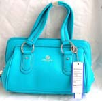 Imitation leather blue double handle hand bag with inner zipper, inside cell phone pocket and inside zipper pocket