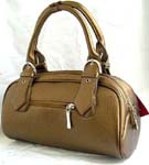 Imitation leather shiny brown hand bag with double zipper and belt knot-like design on handle, also zipper top, zipper pocket on back and inside zipper pocket