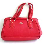 Imitation leather red double handle hand bag with inner zipper, inside cell phone pocket and inside zipper pocket