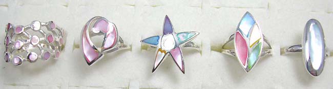 Lovely mother of pearl multi color seashell stones set in crafted 925. sterling silver semi-persious wholesale rings