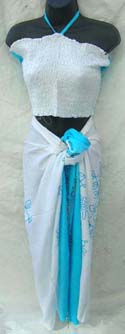 Handcrafted Bead Frings sarong set, elastic smocked top with embroidery and beaded fringe on sarong design