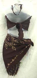 Fashion baby doll style lady's skirt set brown elastic beaded fringe on top and skirt, also it had sewing embroidery flower on skirt 