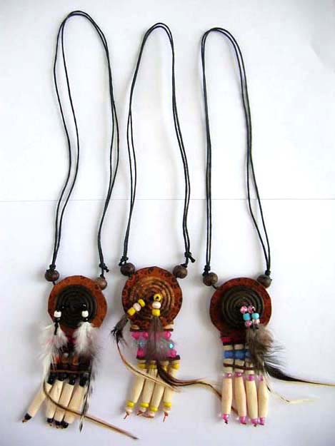 Indian lucky fashion necklace spiral wooden holding nature fur and beaded fringe design      