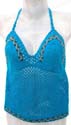 Sassy aqua crochet trim with embroidered flower on shell top, tie on neck and shoe tie in back