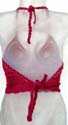 Low v-neck red crochet bra top with handcrafted floral pattern forming in triangle design on bodice, tie on neck and in back