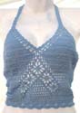 Low v-neck blue crochet bra top with handcrafted floral pattern forming 